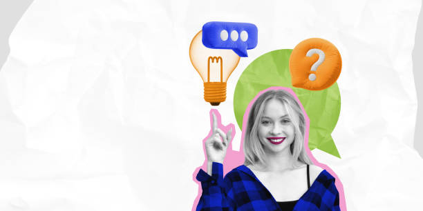 istock Woman pointing up with thought icons in a creative collage style 2201889143