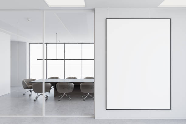 istock Modern open-space office interior with large windows, cityscape view, and rows of desks and chairs. 3D Rendering 2201889255