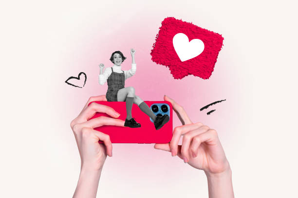 istock Composite artwork sketch collage of huge smartphone display heart icon notification woman miniature sit on big phone hands hold in finger 2201891890