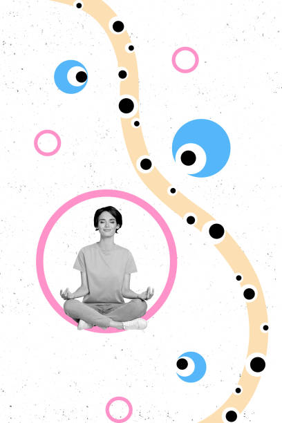 istock Composite sketch image trend artwork 3D photo collage of young lady model sit lotus pose in circle keep calm om gesture zen 2201891916