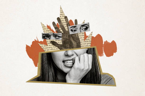 istock Creative collage picture young woman bite nails nervous stressed emotion text literature page novel story exam pass worried student 2201893294