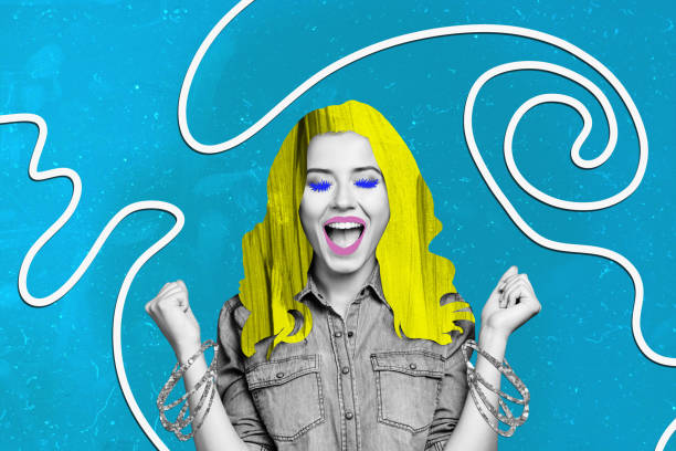 istock Artwork composite collage of blue color doodle line draw black white silhouette attractive excited lady happy fist yes hairstyle fashion 2201893448