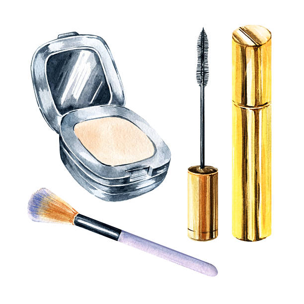 watercolor set with different beauty products, compact silver powder, makeup brush, golden color mascara, beauty accessories for women, hand drawn illustration of beauty theme, for blogs, beauty store, posts decoration