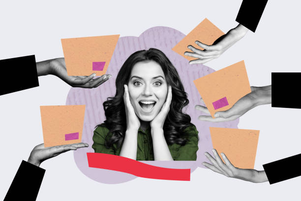 istock Composite trend artwork sketch 3D photo collage of shocked young lady receive box pack delivery post hold man hands internet online offer 2201893476