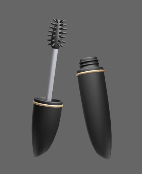 istock Black 3D mascara beauty makeup product cartoon style vector illustration isolated on dark background. Decorative cosmetic mascara tube with eyelash brush applicator. Luxury black make-up. 2201894482