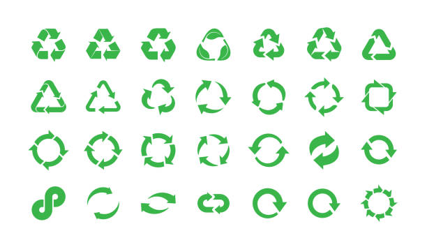 These icons feature minimalist linear symbols representing cyclicity, sustainability, and recycling concepts. Designs illustrating various redirection and transformation processes are created for use in ecological awareness, process management and sustainable systems projects. They present circular motions and reuse concepts in a simple and effective way.