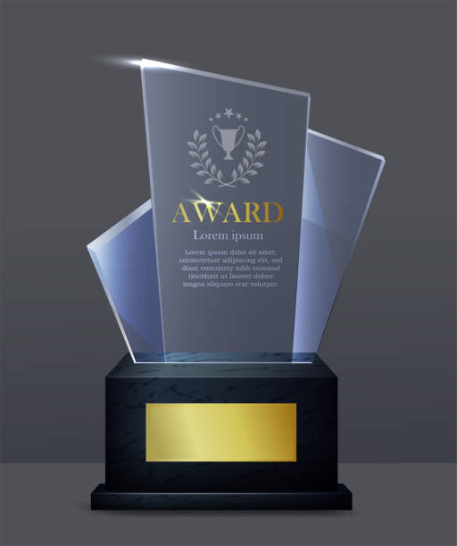 istock Glass award trophy. Transparent prize template for awarding first place. Achievement and success. Crystal statuette for reward. Realistic 3D vector illustration 2201894824