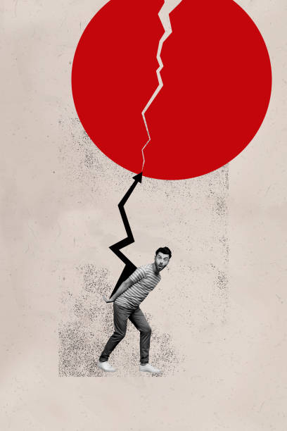 istock Trend artwork composite sketch image 3D photo collage of black white young man carry on back huge arrow make crack destroy circle ball 2201895313