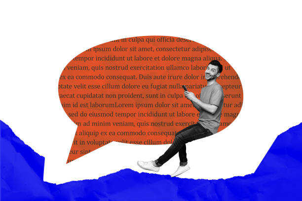 Creative picture collage young man textbox phrase literature page smartphone social media messenger app drawing background