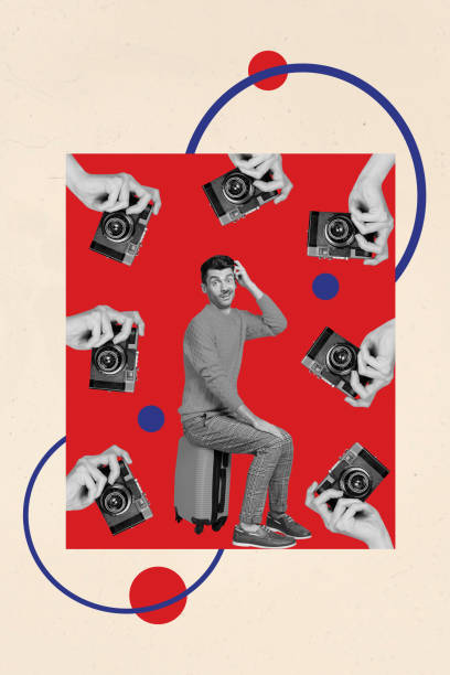 Composite trend artwork sketch image photo collage of young confused uncertain man sit on baggage many hands hold photocamera make shoot