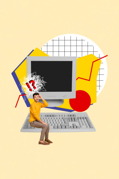 istock Vertical photo collage of astonished guy sit computer display keyboard graph down failure decline problem isolated on painted background 2201895358