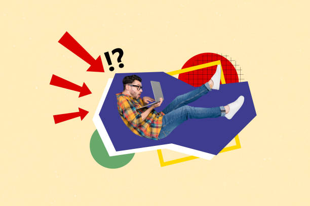 istock Trend artwork sketch image collage of office manager man confused guy hold in hand computer type keyboard laptop shocked watch fly in air 2201895361