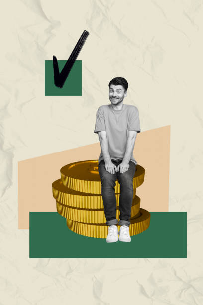 istock Vertical picture collage sitting young cheerful man tick done completed task golden coins stack earnings money successful investor 2201895375