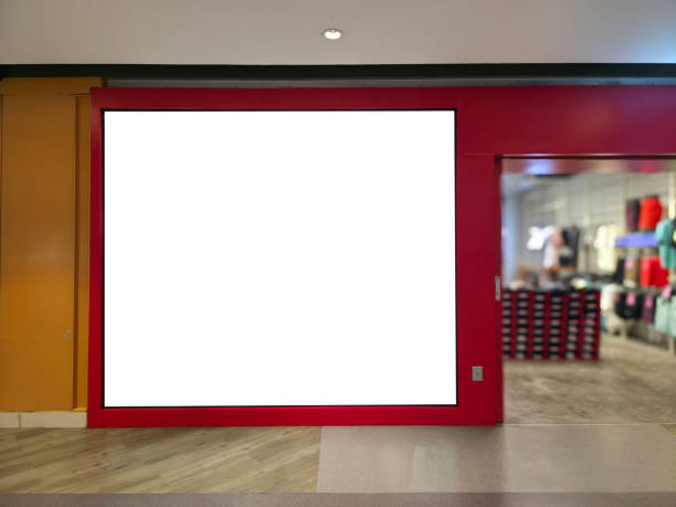 istock billboard mockup in modern shopping mall, blank advertising signage on red storefront for commercial branding and marketing, urban retail design with illuminated store background 2201896290