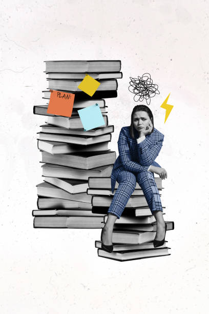 istock Composite trend artwork photo collage of two huge pile stack book library bookstore sad lady student sit under think tired mind plan to do 2201896415