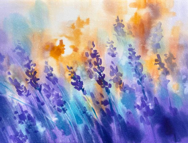 istock Violet lavender field blooming in the sunset watercolor background 2201897511