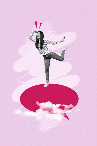 istock Composite sketch image trend artwork 3D photo collage of text box speech bubble cloud contact woman pose flight look away find direction 2201898452