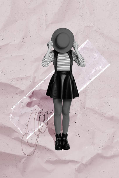 Composite trend artwork image photo collage of black white silhouette young lady model fashion look headless cover face hat hand hold