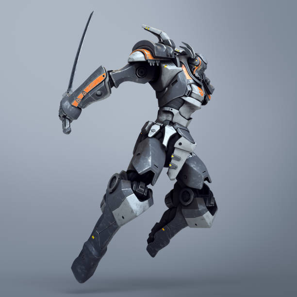 Sci-fi mech warrior jumping and attacking with katana sword. Sword in outstretched hand. Futuristic robot with white and gray color metal. Mech Battle. Orange paint. 3D rendering on gray background
