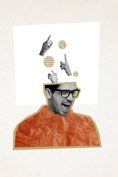 istock Creative vertical collage picture young laughing man positive emotion finger human hand body fragment pointing literature text page 2201901704