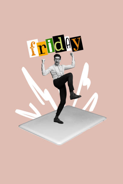 istock Vertical collage young happy man celebrate friday weekend relaxation rest leisure worker employee laptop digital device 2201901744