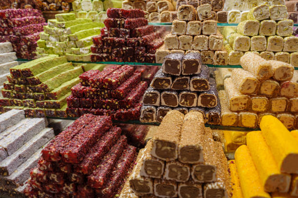 istock Rolled Turkish delights on sale at Istanbul's Grand Bazaar 2201902335