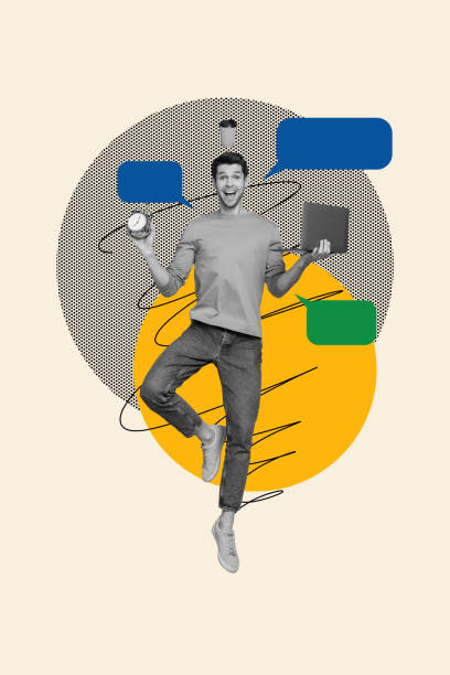 istock Vertical picture collage young cheerful man laptop alarm clock textbox messages reply multitasking busy time management drawing doodles 2201902941