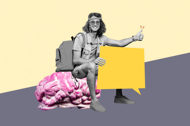 istock Composite illustration collage of young hippie sitting on brains holding copyspace chatting information box isolated over beige background 2201904245