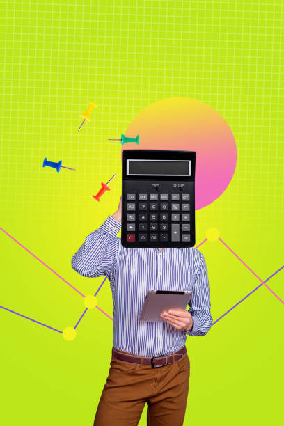 istock Vertical photo collage of successful businessman instead head calculator tool hold ipad graph development isolated on painted background 2201905024