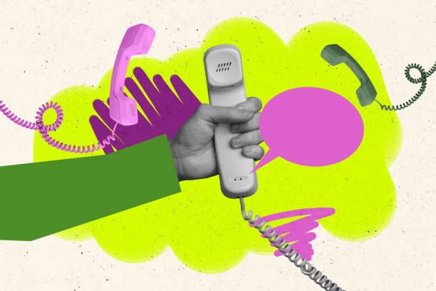 istock Photo collage trend artwork image of workspace office manager retro vintage hands hold landline phone call service customer support help 2201905159