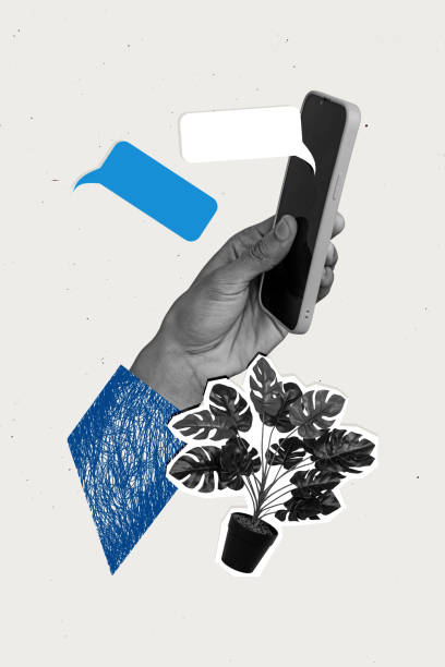 istock Composite trend artwork sketch collage of speech bubble textbox mind cloud message hand hold write sms smartphone display office flower 2201905206