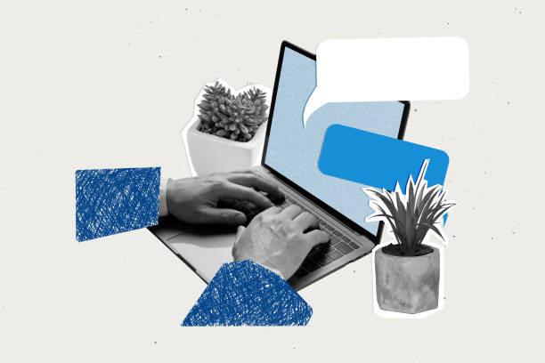istock Composite trend artwork sketch collage of speech bubble textbox mind cloud message hand hold type write sms laptop display office flower 2201905223