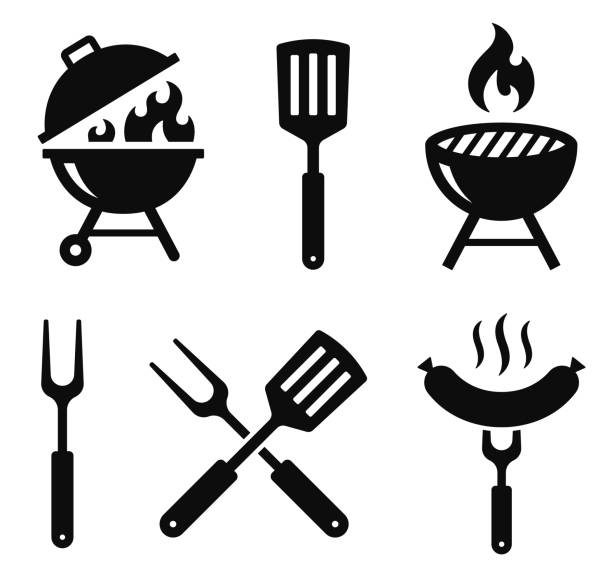 bildbanksillustrationer, clip art samt tecknat material och ikoner med bbq grill icon set. barbecue, bar-b-q, spatula, grill fork, picnic, fire - stock vector. - kökstillbehör