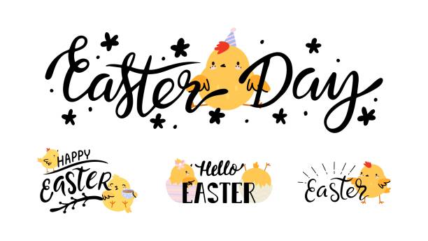 Easter handwriting phrases with cute yellow chicken. Happy Easter, spring holidays congratulated banners or stickers, decorative vector elements Easter handwriting phrases with cute yellow chicken. Happy Easter, spring holidays congratulated banners or stickers, decorative vector elements original artwork handwriting font not script stock illustrations