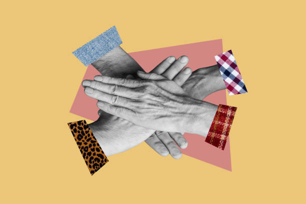 istock Composite photo collage of people hand unity together showing team work cooperation hold palms partnership isolated on painted background 2201908074