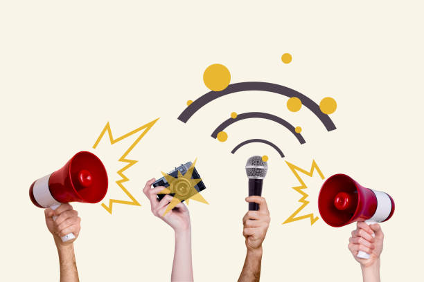 Composite photo collage of hands hold megaphone microphone devices strike wifi stripes vote agitation promo isolated on painted background.