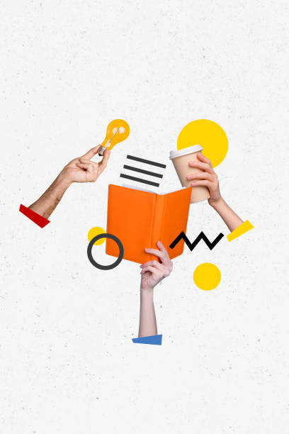 istock Vertical photo collage of hands hold book light bulb take away coffee cup leisure hobby bookworm idea drink isolated on painted background 2201908116