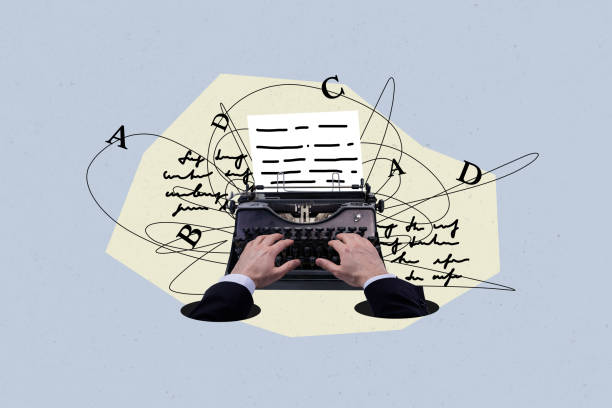 istock Composite photo collage of hands type book story use typewriter machine push buttons letters print novel isolated on painted background 2201908121