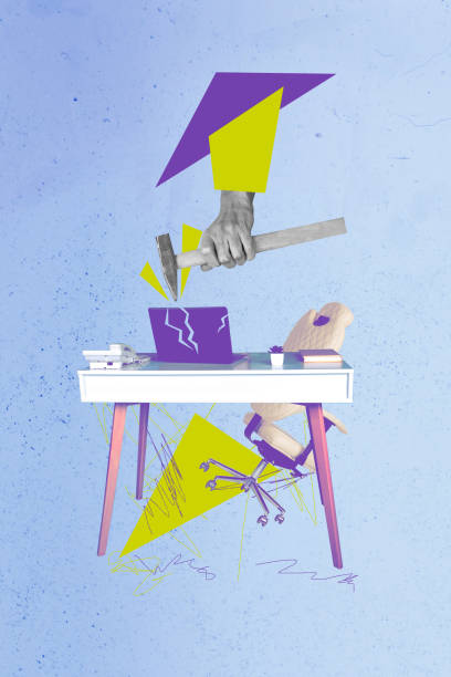 istock Vertical creative collage picture human hand crash laptop instrument destroy digital device workplace table drawing background 2201908179