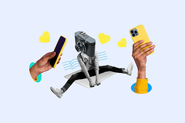Composite photo collage of man instead head camera device hand make photo iphone device blogging heart like isolated on painted background