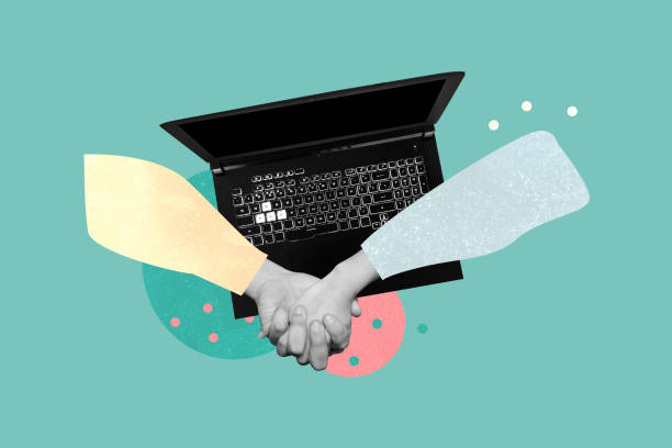 istock Composite photo collage of hands hold together distant love correspondence macbook device cooperation isolated on painted background 2201908219