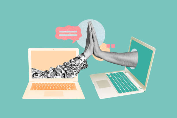istock Composite photo collage of hands peek macbook device screen partnership give high five gesture cooperation isolated on painted background 2201908223