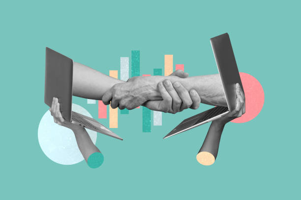 istock Composite photo collage of hands hold together distant correspondence macbook device cooperation office isolated on painted background 2201908243