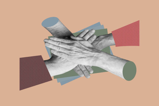 istock Composite photo collage of hands hold together high five support unity cooperation colleagues company isolated on painted background 2201908245