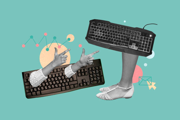 istock Composite photo collage of legs hand people instead body computer keyboard buttons devices old vs new keypad isolated on painted background 2201908246