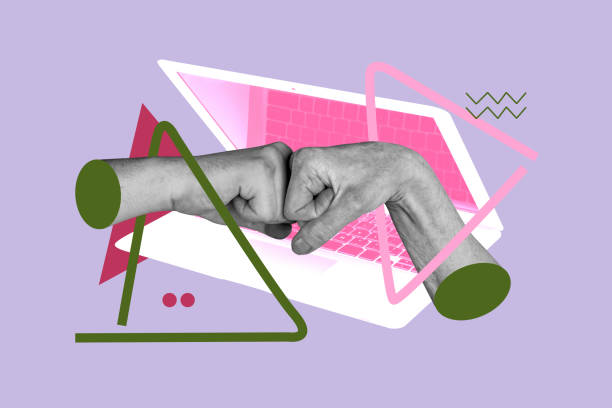 istock Composite photo collage of hands punch together partnership macbook device internet contact colleagues isolated on painted background 2201908247