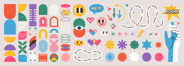 Abstract geometric shapes set vector illustration. Graphic design elements with retro line, simple form, figure, arch, flower, smiley and hand. Trendy cartoon flat stickers, brutal aesthetic Abstract geometric shapes set vector illustration. Graphic design elements with retro line, simple form, figure, arch, flower, smiley and hand. Trendy cartoon flat stickers, brutal aesthetic. spiral rock stock illustrations