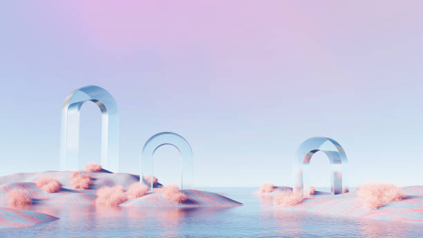 istock 3d render, Abstract pastel surreal landscape with transparent arch shapes, water reflections, and pink bushes 2201911491