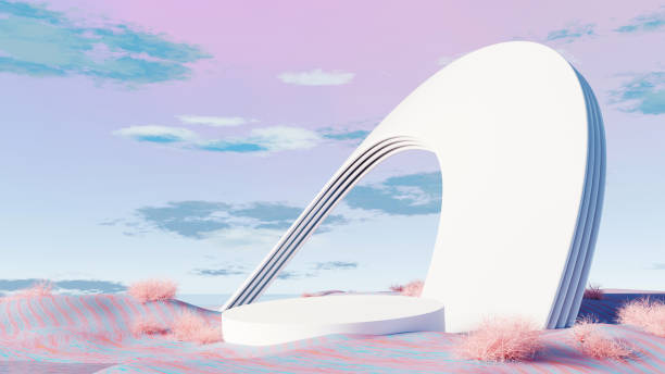istock 3d render, Abstract white arch structure on colorful landscape with podium 2201911498