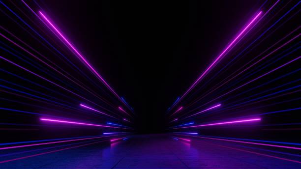 3d render, Abstract neon laser lines in purple and blue creating futuristic perspective